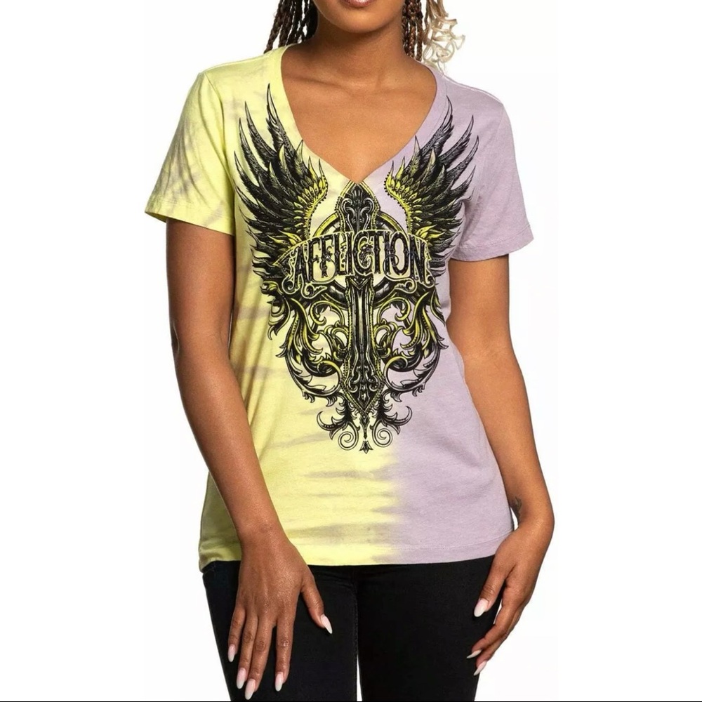 Affliction Women's T-Shirt TURQUOISE Tie Dye Cross Biker Wings - Picture 1 of 5